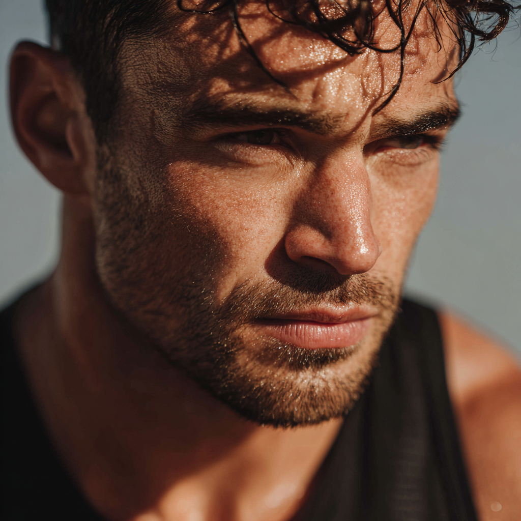 Athletic man performing workout exercise with focused expression, demonstrating dedication and commitment to personal fitness goals