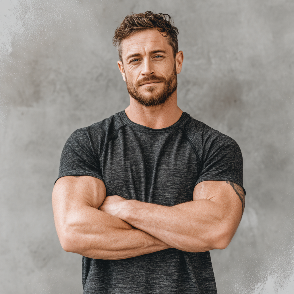 Confident man in athletic wear standing with arms crossed, looking determined and focused, representing personal development and physical transformation