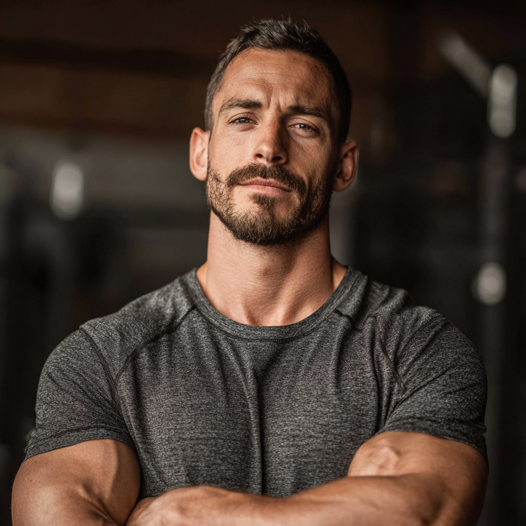 Strong man in gym environment looking confident and motivated, representing success and achievement in personal fitness journey